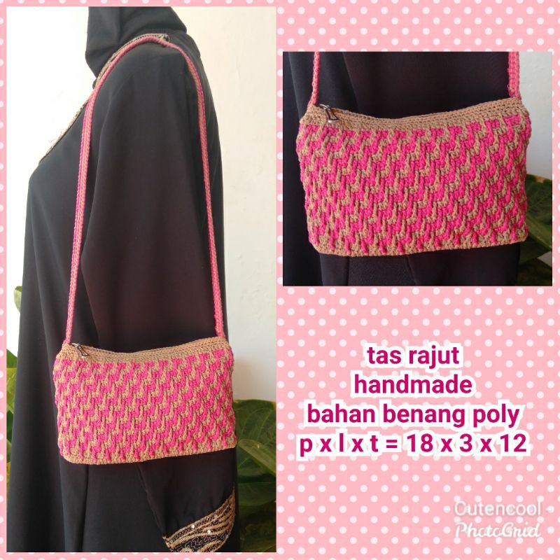 tas rajut selempang pink krem