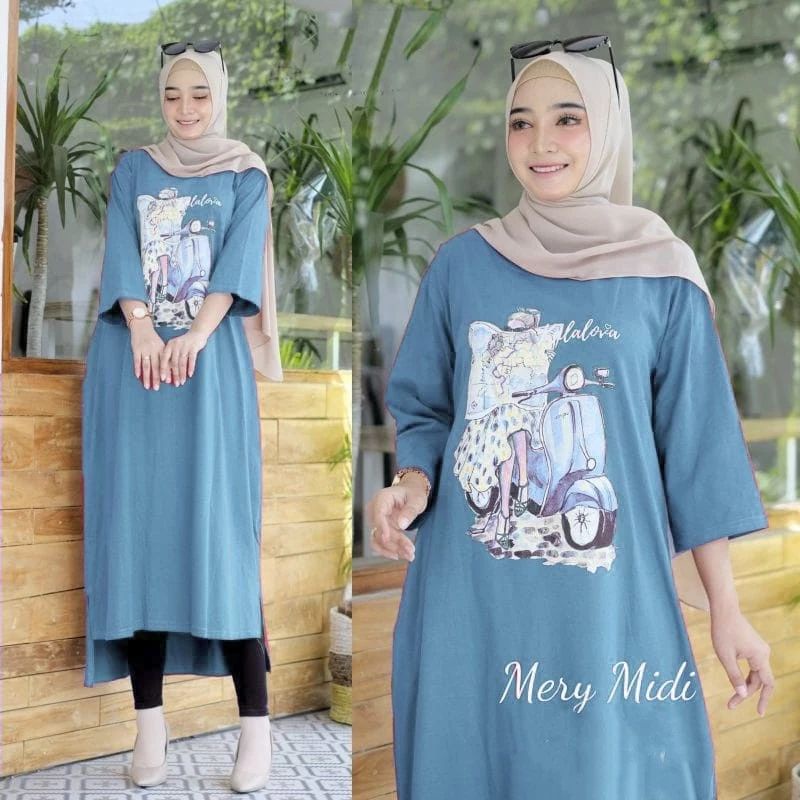 MERY MIDI DRESS JUMBO COMBED 24s APLIKASI SABLON UKURAN S M L XL XXL MIDI DRESS REMAJA MUSLIM DRESS 