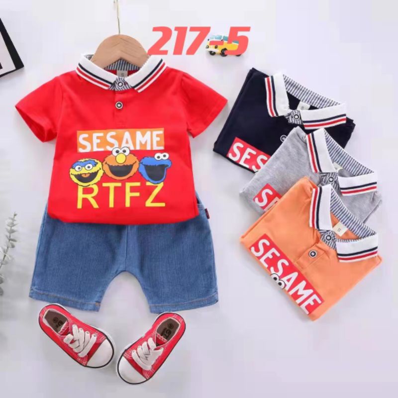 Setelan import Anak Laki Laki Kaos KERAH dan Celana Jeans 1-5 tahun Setelan kaos wangki