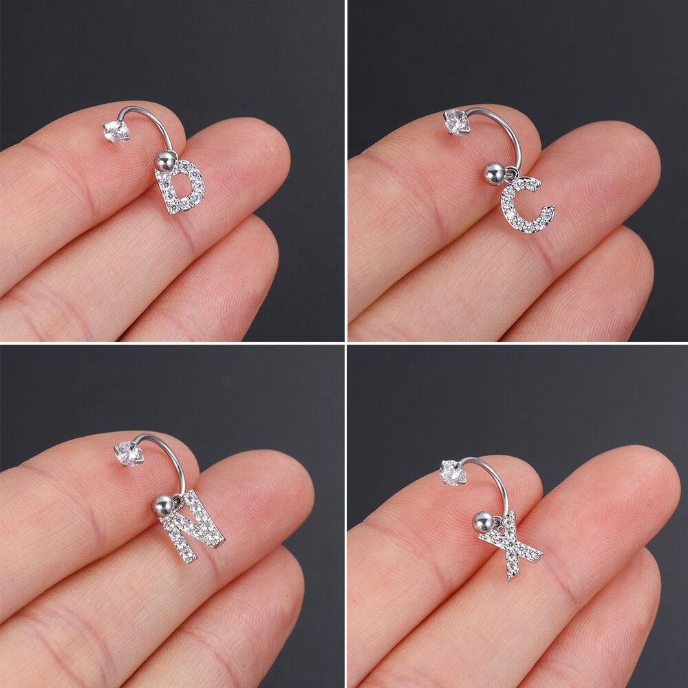 1PC 26 English Letter Zircon Pendant Hoop Ear Cartilage Earrings Stainless Steel Initial Helix Piercing Earring