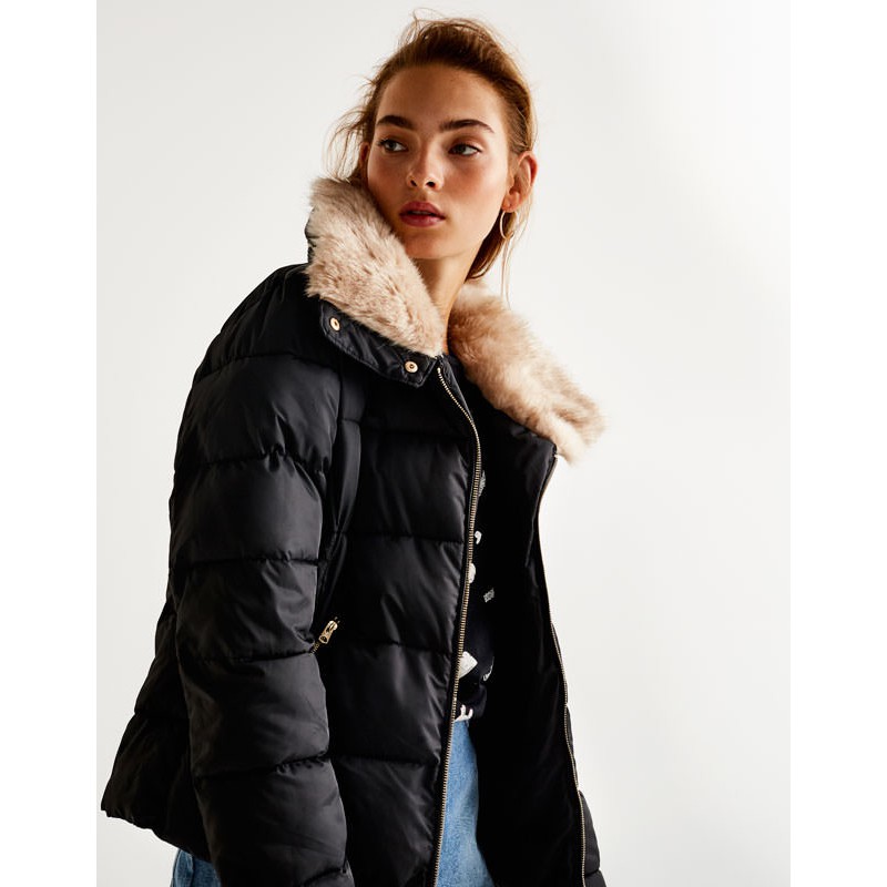 Pull&Bear Jacket With Faux Fur Funnel Collar Black