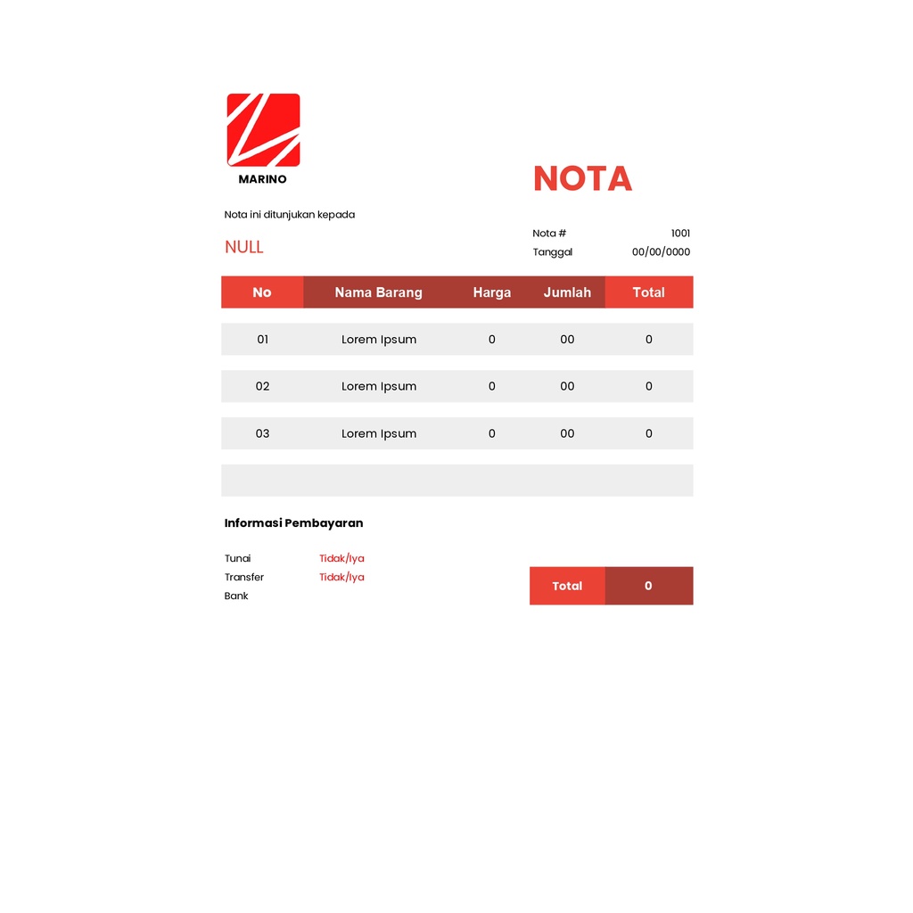 

Template Nota Digital Murah - NOTA 1 (Cocok untuk MIcrosoft Excel dan Google Sheets)