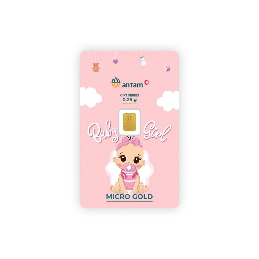 KADO LAHIRAN BAYI PEREMPUAN PINK EMAS 0.25 GRAM ANTAM GAMBAR DOT EMPENG MPENG LOGAM MULIA 0,25 GR NE