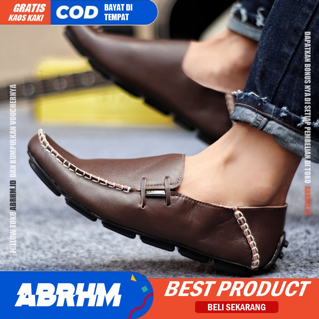 ABRHM x MOCLEA Sepatu Kasual Pria Sepatu Pria Casual Kulit Asli Slip Sepatu Kerja Original Keren Sepatu Slop Anti Slip Mocasin Sepatu Kerja Kantor Semi Formal Kuliah Kondangan Gaya keren Kekinian Murah Terlaris