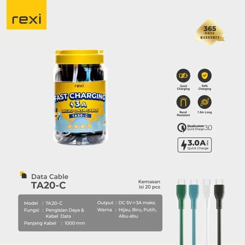 KABEL DATA REXI TA20 MICRO TYPE C DAN LITHNING FAST CHARGING 3.A CABLE DATA REXI 1 METER CABLE HARGA PER 1 PCS