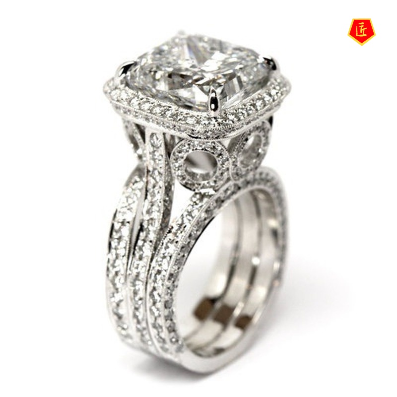 [Ready Stock]Inlaid Topaz Square Diamond Ring 925 Silver Luxury Fashion