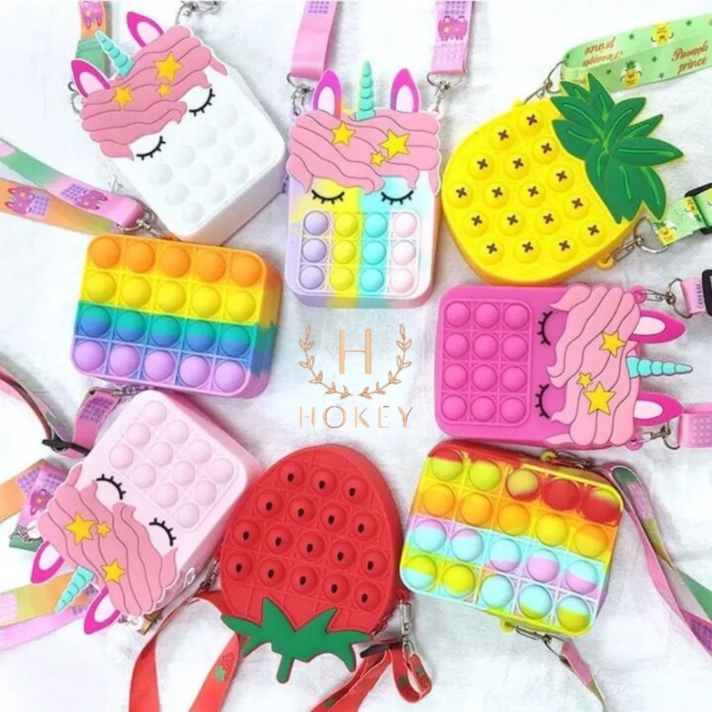 tas pop it selempang mainan anak karakter unicorn multicolor