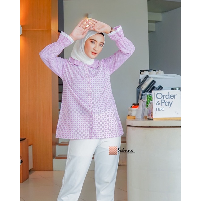 HALIN Atasan Blouse Batik Modern Wanita Kerja Kantoran Modis Kekinian Cap Katun Lilac Lavender