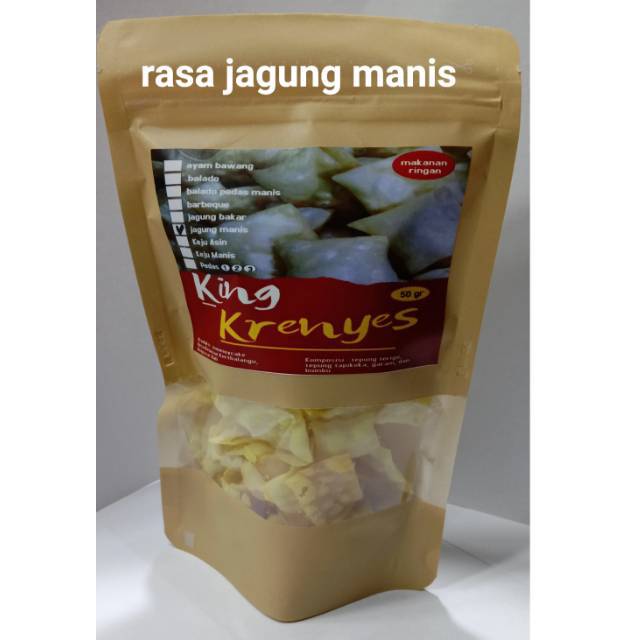 

Kripik Pangsit King krenyes rasa ayam bawang,bbq ,balado,jagung bakar, jagung manis