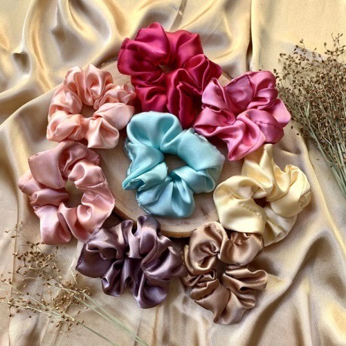 Ikat Rambut Scrunchie Satin Silk Kain Crepe Warna Pastel IMPORT Korea Hairband Kunciran Cepol Hijab Aksesoris Fashion Wanita