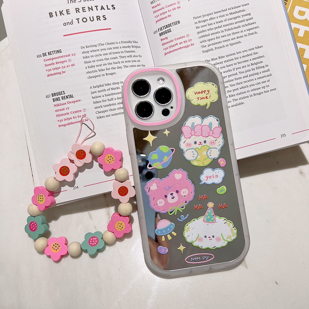 Case Cover Pelindung Hp Motif Kelinci + Cermin Makeup + Rantai Bunga Untuk Iphone 11 / 8 / 7plus / SE2 / XS / XR / 12 / 13pro MAX