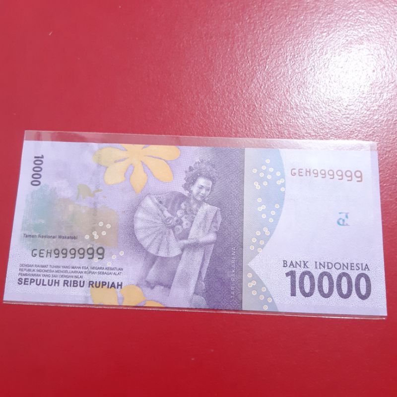 Uang Kertas Kuno 10000 Rupiah Tahun 2016 Nomor Cantik Solid 9