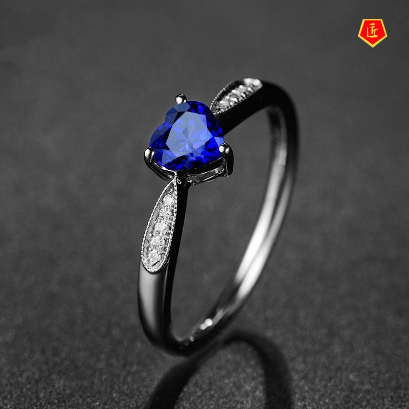 [Ready Stock]Simple Classic Personality Heart-Shaped Sapphire Ring for Women