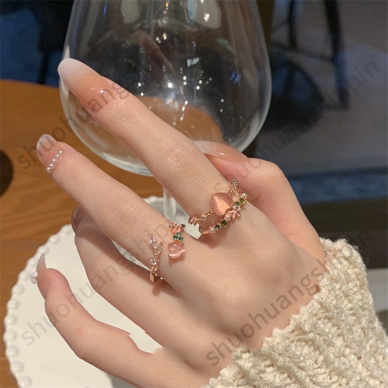 Cincin Susun Gaya Jepangkorea Desain Hati Hias Opal Pinkberlian Imitasimutiara Untuk Wanita