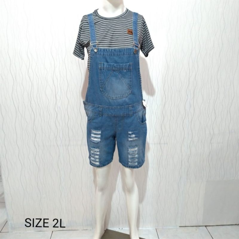 OVERALL RIPPED JEANS CELANA PENDEK JUMBO 2L / OVERALL DENIM CELANA / BAJU KODOK. BIG SIZE