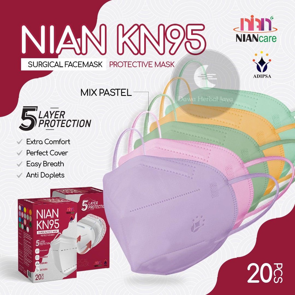 Masker KN95 Medis NIAN CARE isi 20 Pcs (5 Warna PASTEL)