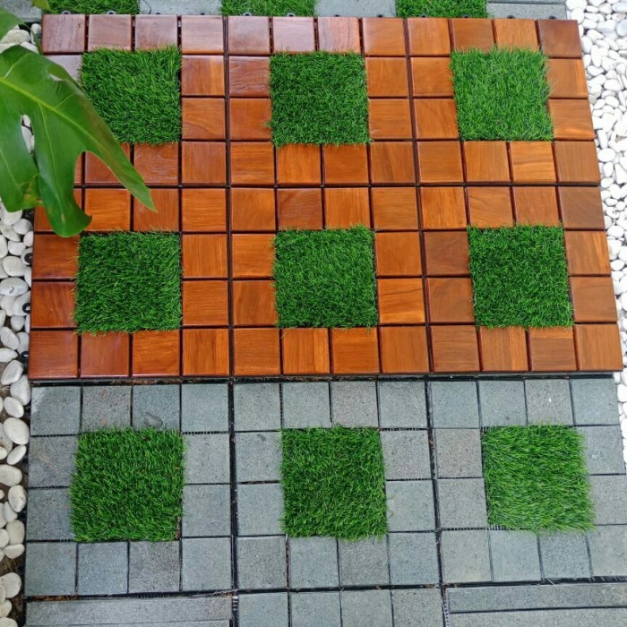 Lantai Kayu Jati MOTIF KOTRUM / Decking Tile Motif kotak mix rumput sintetis uk 30x30cm