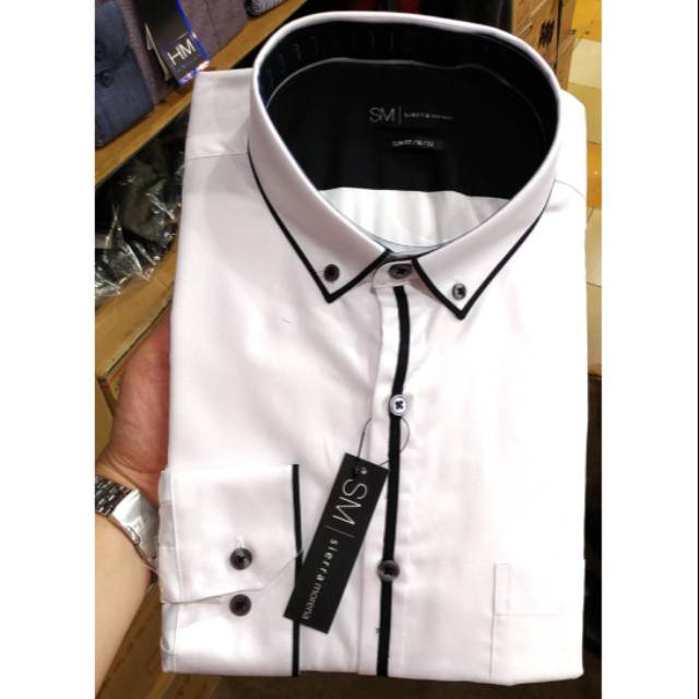 Kemeja Pria Sierra Morena Panjang Slimfit Putih List Tengah Hitam Proto