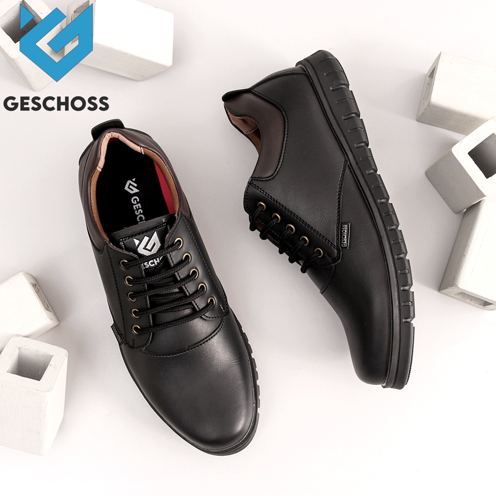 BLACK ORIGINAL GESCHOSS Sepatu Semi Formal Full Hitam Tali Pria Pantofel Kerja Kantor Dinas Resmi Guru Kantoran Keren Murah Terbaru