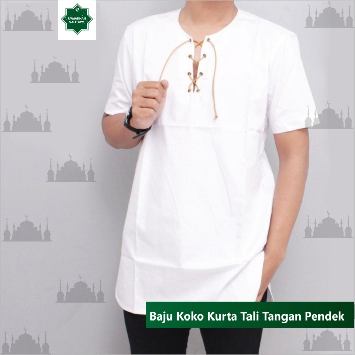 Baju Koko Muslim Kurta Tali Pakistan Qurta Dewasa Pria Laki Laki - Putih, M