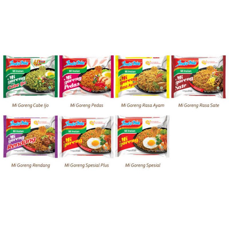

Indomie goreng/soto mie/kari ayam/rendang/ayam bawang
