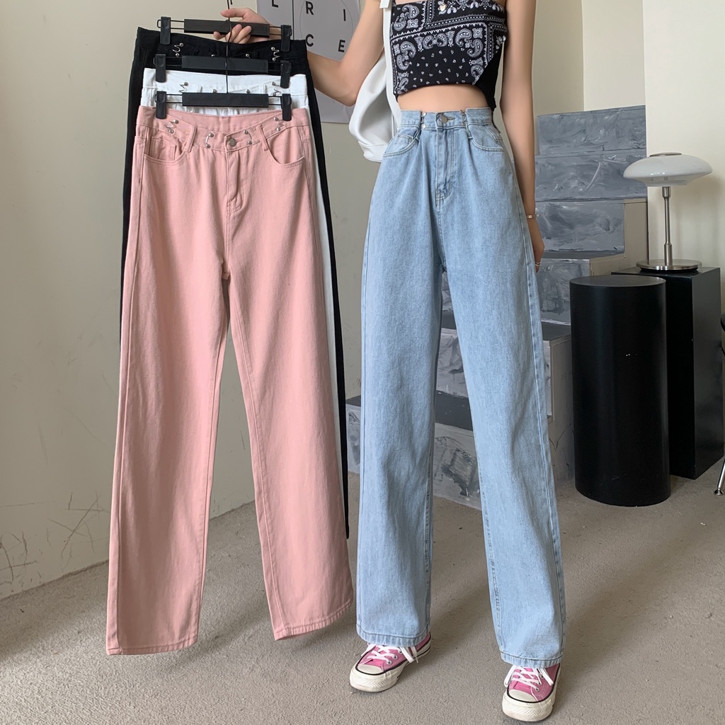 Korean New Women's Loose High Waist Wide Leg pengait celana jeans