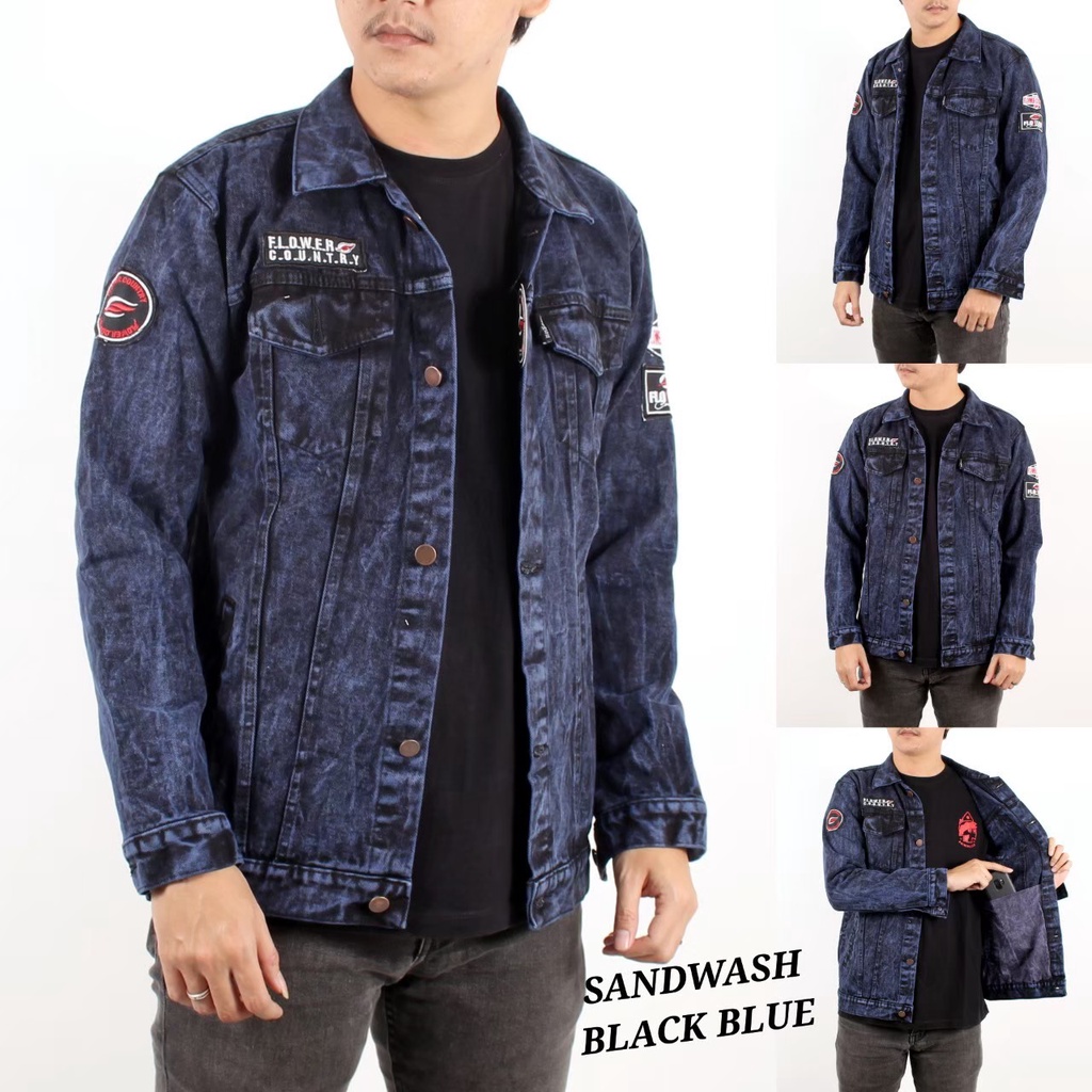 TURUN HARGA ! Jaket Jeans Denim Pria Sandwash Bordir Oversize / Jaket Jeans Sandwash Bordir Original Flower Country / Jaket Denim Murah