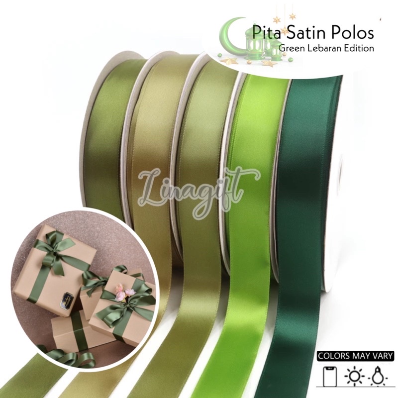 ( 3 Meter ) PITA LEBARAN - SATIN POLOS EDISI HIJAU - SATEEN 0.5 IN - PITA KADO 1 INCH 1.5 IN 2 IN - 1.2 CM 2.5 CM 4 CM 5 CM GREEN SELAMAT IDUL FITRI HAPPY EID MUBARAK IDUL ADHA