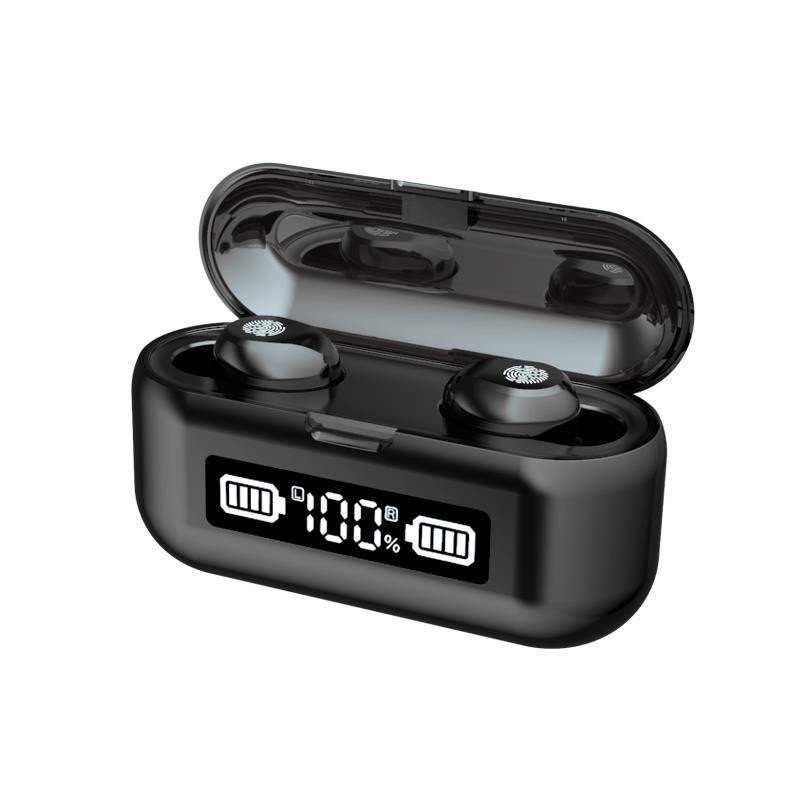 Q32 / F9 LED TWS Bluetooth Headset EDR Wireless Stereo Earbuds With Powerbank For IOS dan Android-F9-01 BLACK TOUCH