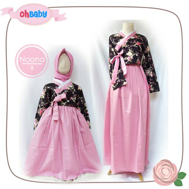 Gamis hanbok couple ibu anak katun toyobo pink hitam by Ohbaby