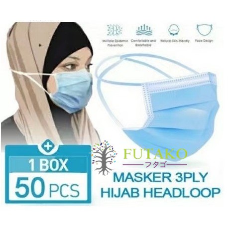 FUTAKO Masker Hijab Headloop 3 Ply 3Ply Face Mask anti Debu Virus isi 50 Pcs