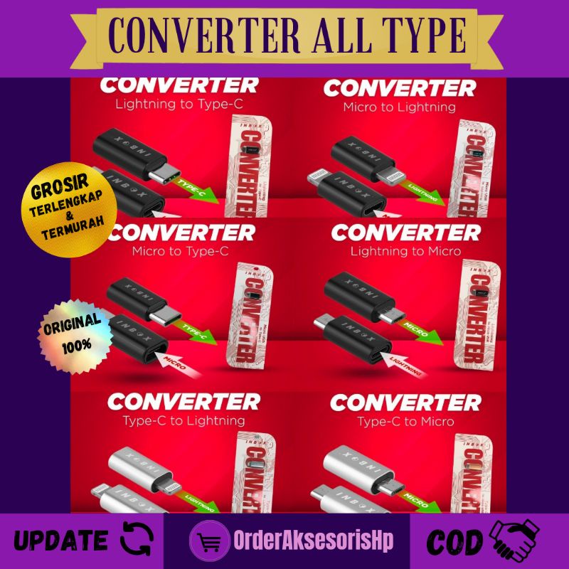 Converter Type C to Micro / Lightning to Micro / Lightning to Type C / Original Merk INBOX / Convert