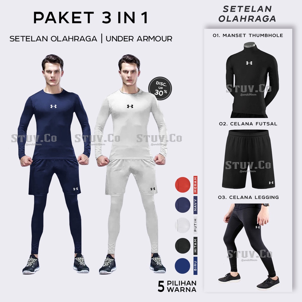 3IN1 STELAN OLAHRAGA MANSET BASELAYER THUMBHOLE  LEGGING PANJANG DAN CELANA PENDEK UNISEX 5 WARNA