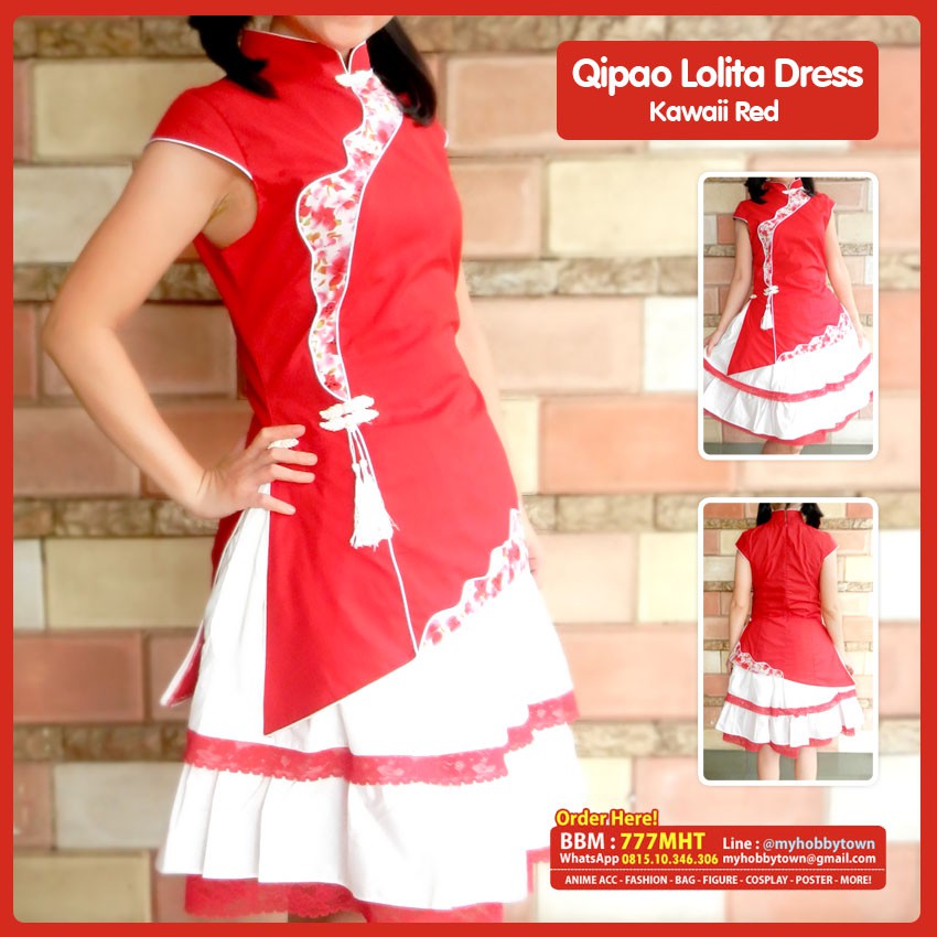 Qi Lolita Dress - Red Top &amp; White Skirt - Kostum Cheongsam Qipao