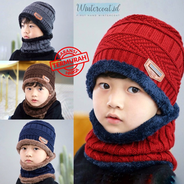 Beanie hat winter for kids Topi Kupluk musim dingin anak cowok cewek balita hangat penghangat leher