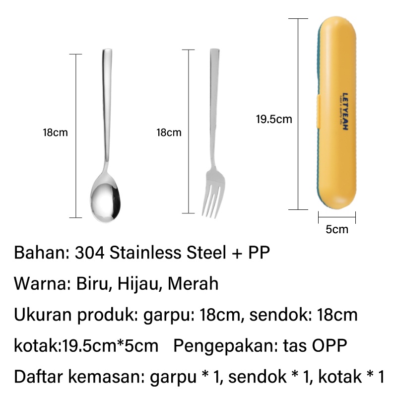 Letyeah &amp; Kaizenliving  Sendok garpu Set Plus Box 2 in 1 Travel Portabel / Alat Makan Stainless Steel