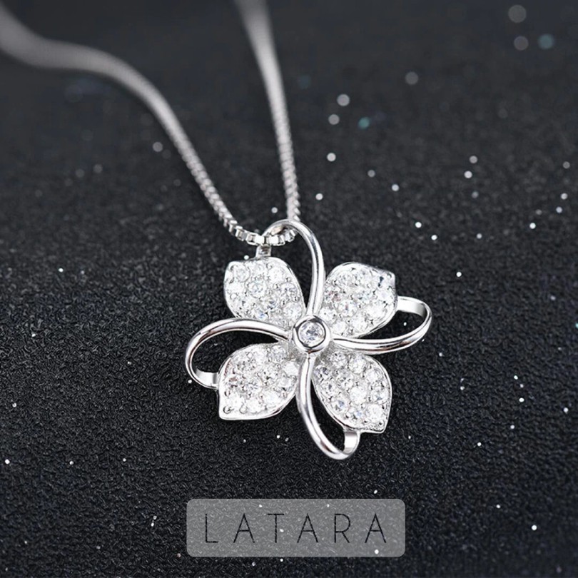 Paket Lengkap Gift Kado Flower Necklace 925 Sterling Silver Kalung Wanita Perak Permata CZ Zirconia