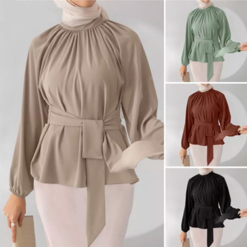 WH13 Baju Atasan Wanita Salsa Blouse Tangan Panjang Tali Pinggang