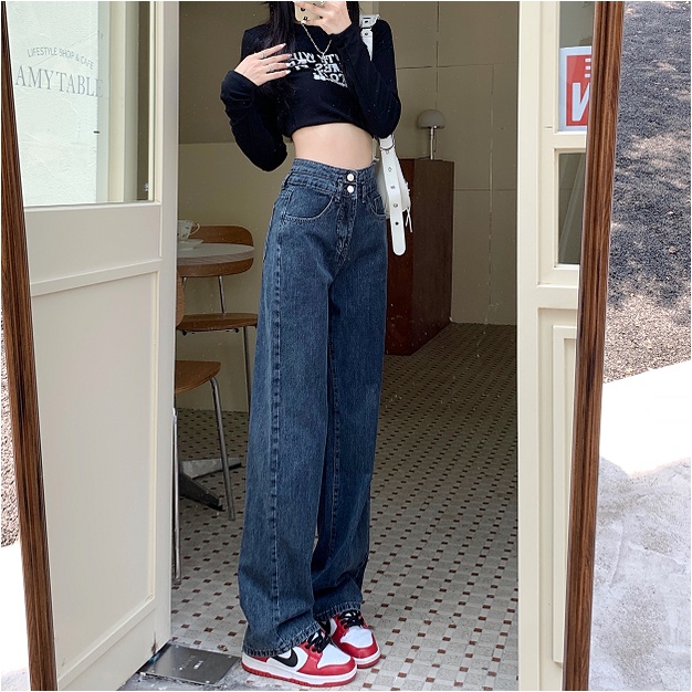 Jeans Wanita Berpinggang Tinggi Longgar Gaya Korea Lurus Berkaki Lebar