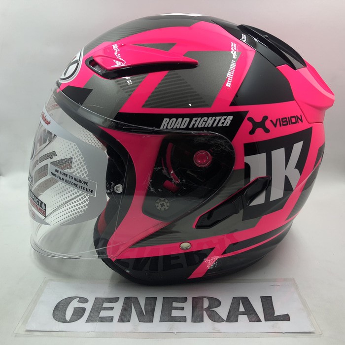 Helm NHK R1 Neuro Pink Fluo Silver Double Visor Half Face - Helem Motor SNI DOT Touring Dewasa Pria 