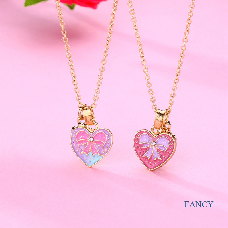 2pcs / Set Kalung Rantai Dengan Liontin Butterfly Hati Warna Pink Biru Untuk Hadiah Persahabatan