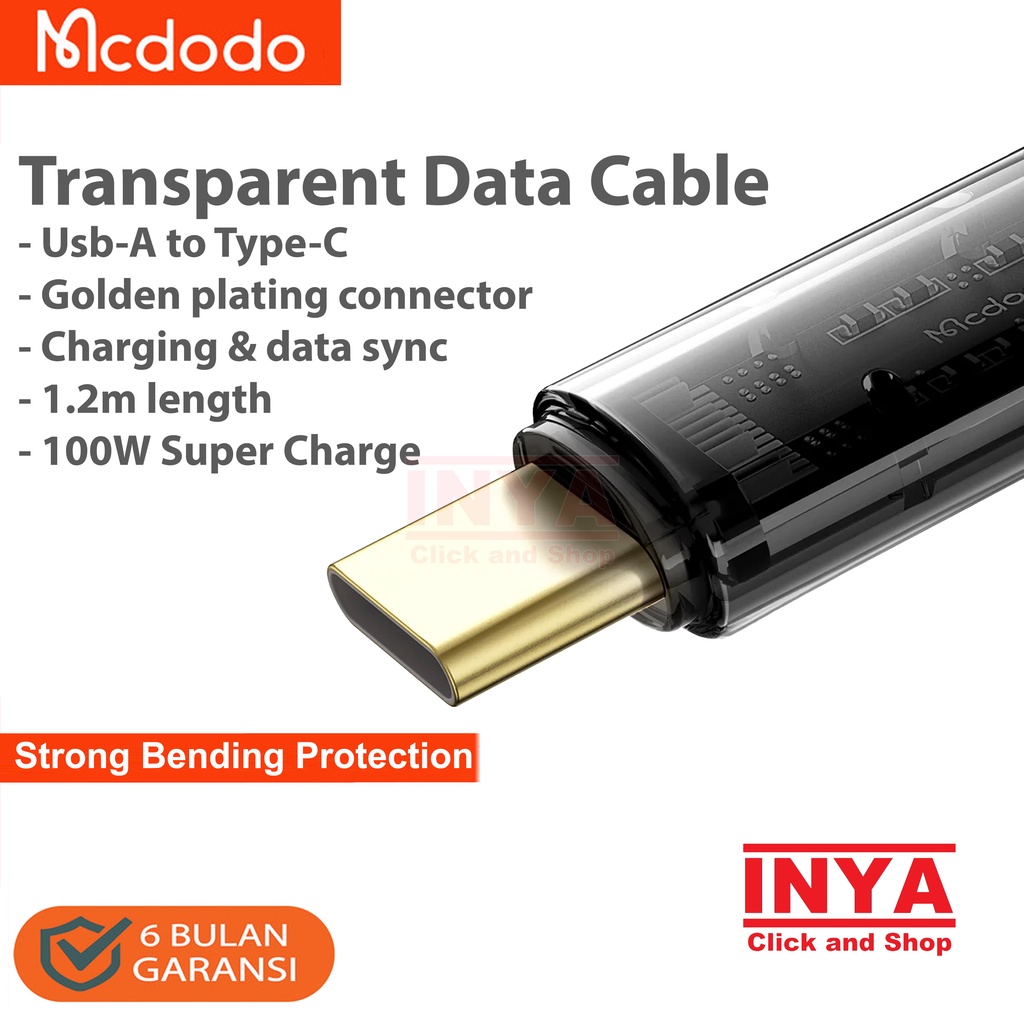 KABEL DATA TYPE C MCDODO TRANSPARENT DATA CABLE SUPER CHARGE TYPE-C 1.2m