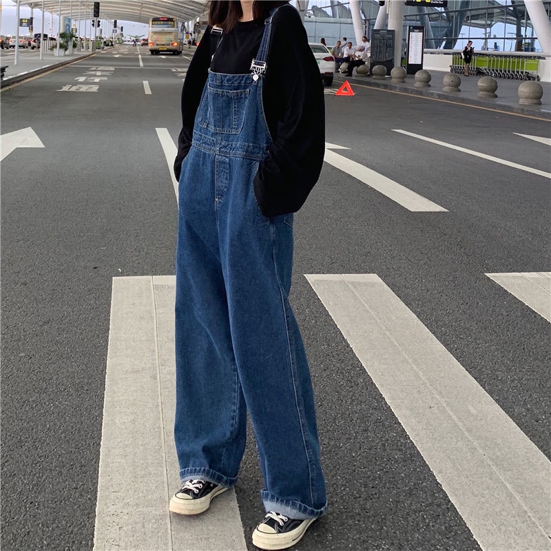 Retro denim overall perempuan musim semi 2022 baru versi Korea dari siswa longgar tinggi pinggang le