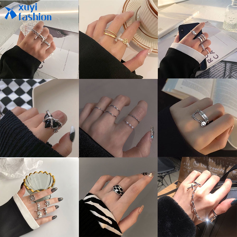 Set Cincin Adjustable Motif Kotak-Kotak Aksen Mutiara Warna Silver Gaya Korea Untuk Wanita