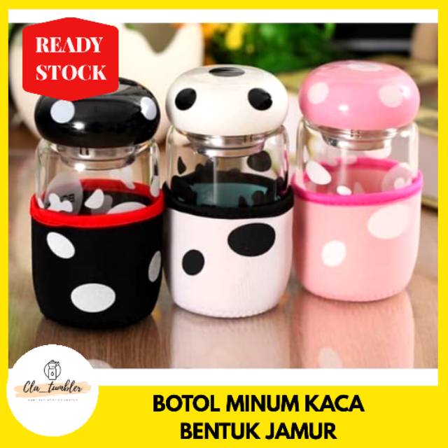 Botol Kaca Bentuk Jamur / Tempat Minum Botol Kaca Unik Lucu Cantik / Botol Anak / Botol Hadiah