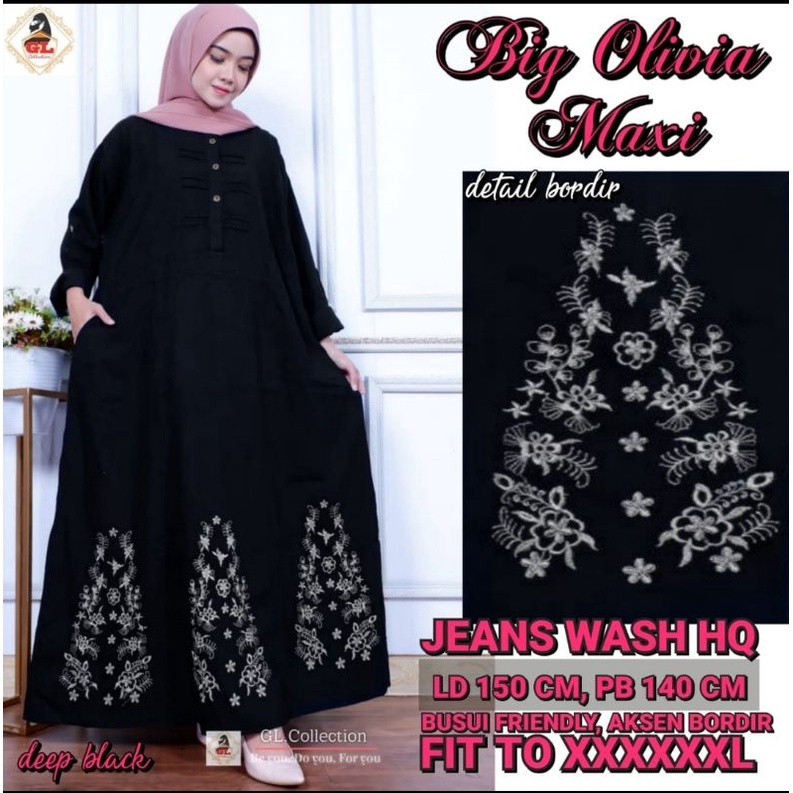 big olivia maxy gamis jeans ld 150 hitam bordir