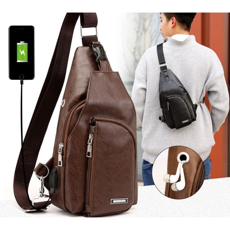 Tas selempang Kulit Pria Import USB Port Sling bag