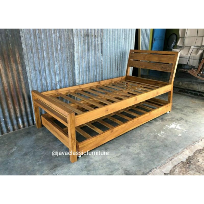 DIPAN DOUBLE BED FINISHING NATURAL / TEMPAT TIDUR ANAK MINIMALIS BAHAN KAYU JATI 120x200