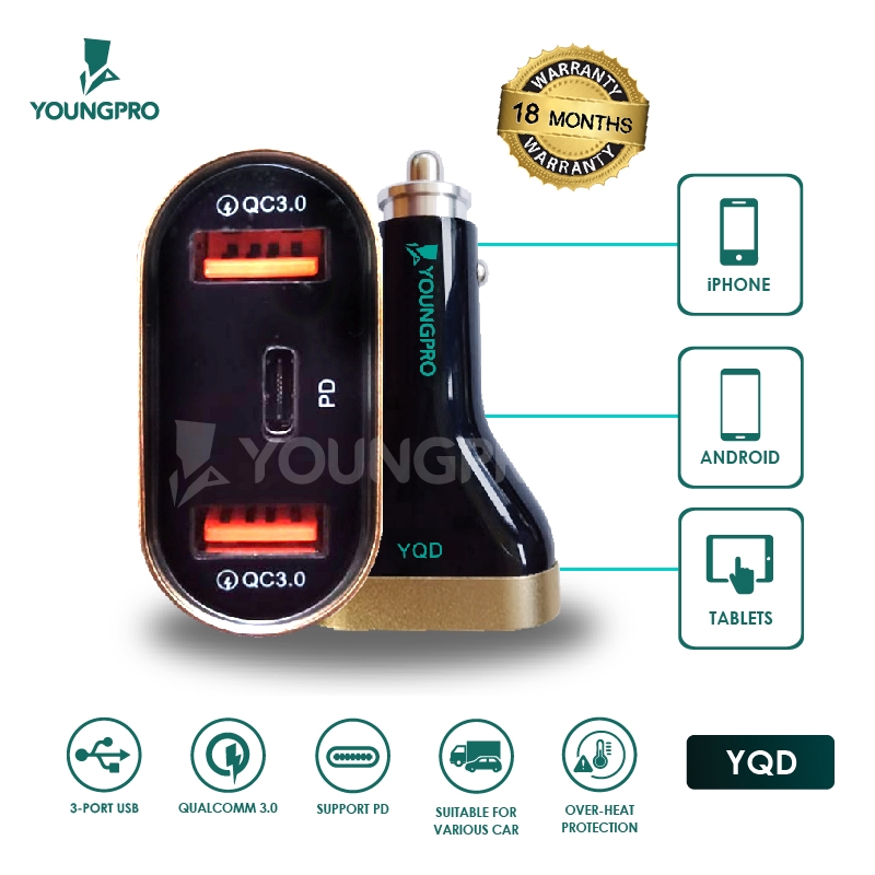 BERGARANSI!! YOUNGPRO CAR CHARGER QUICK CHARGER QC 3.0 PORT POWER DELIVERY YQD-0