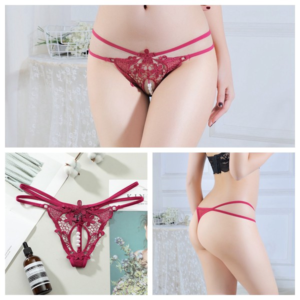 (COD) G String Wanita transparan Lace Bordir Thong mutiara Seksi Celana Dalam C227-1